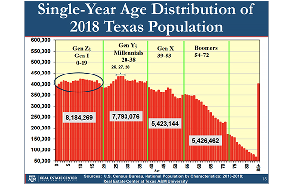 Single-year age distribution of 2018 Texas population